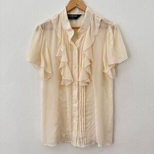 Normakamali Women's Large Off White Sheer Lightweight Ruffled Blouse Top